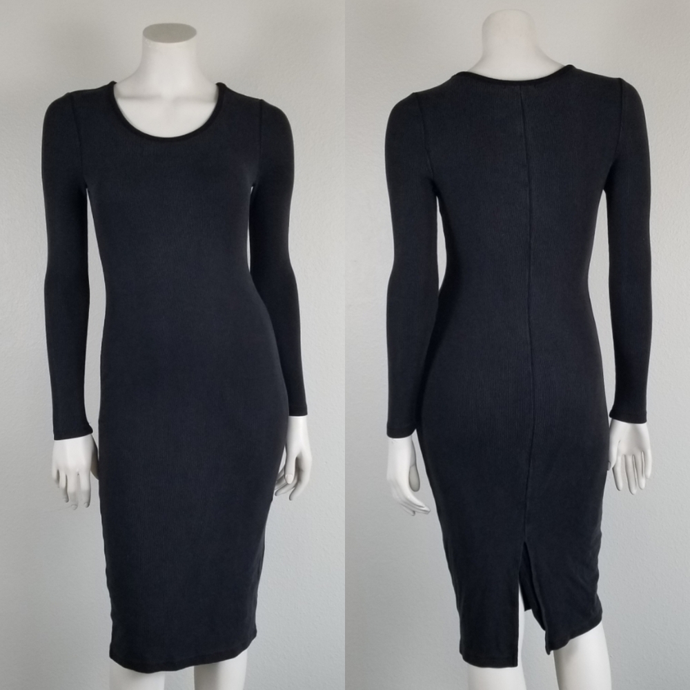 Marine Layer Lexi Black Rib Knit Bodycon Midi Minimalist Slimming Dress Size XS